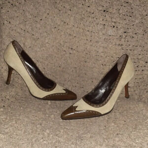 LAMBERTSON TRUEX-Brown Leather-Beige Suede-Snip Toe Brogue Pump-Sz37.5-Excellent